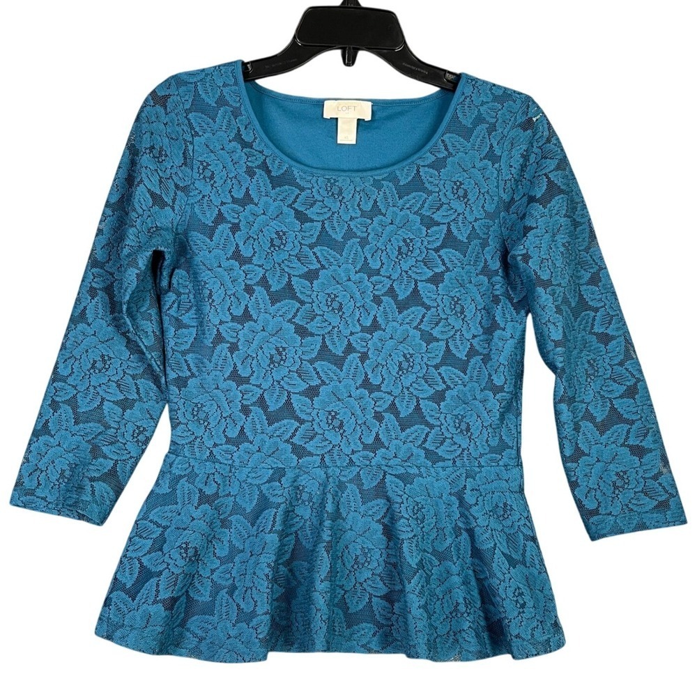 LOFT Fairy Whimsical Y2K Tea Party‎ Peplum Top 3/4 Sleeve Teal Floral Lace XS